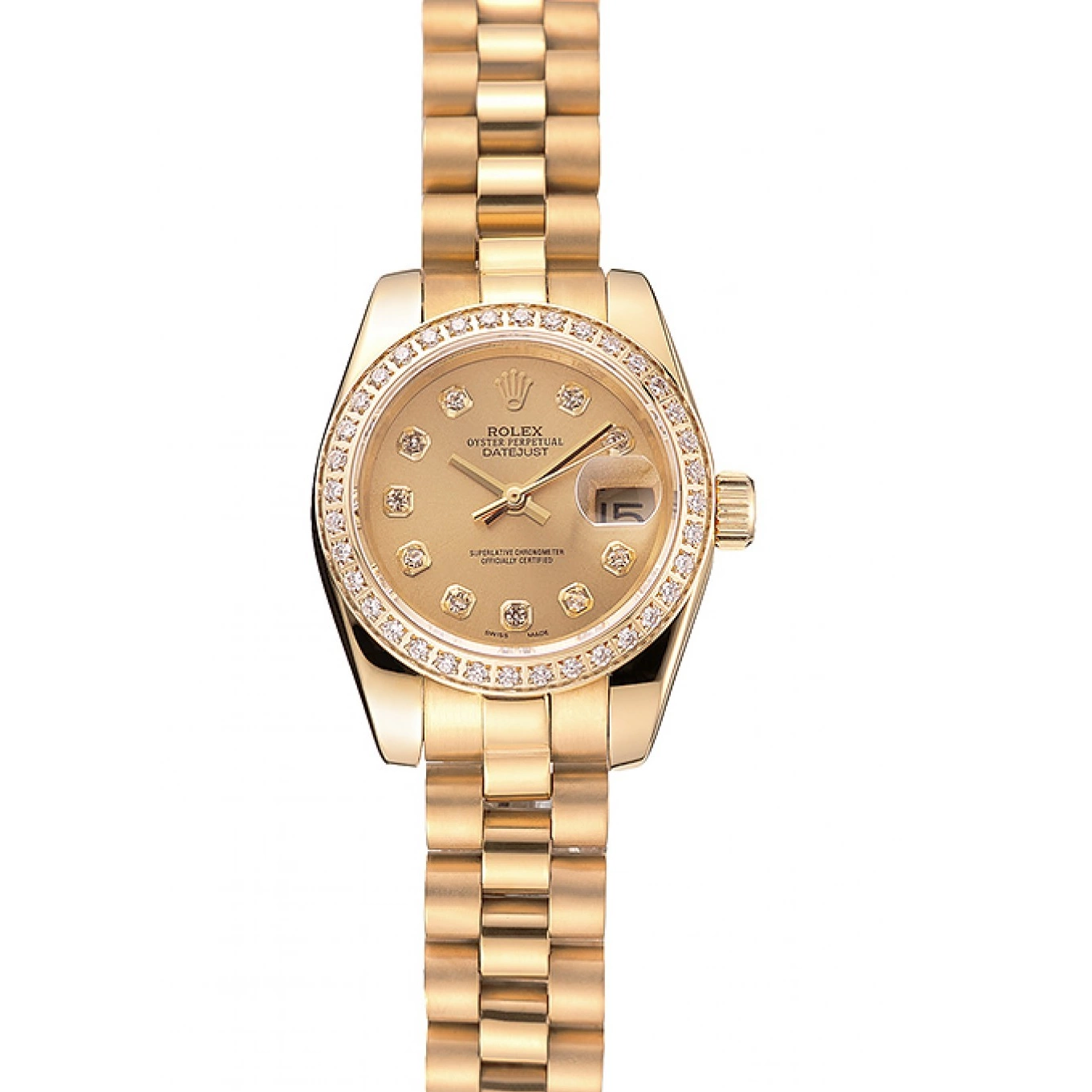 Aaa replica watch Champagne Bracelet Gold Swiss Dial Bezel Rolex Lady-Datejust 1454095 Diamond 0820